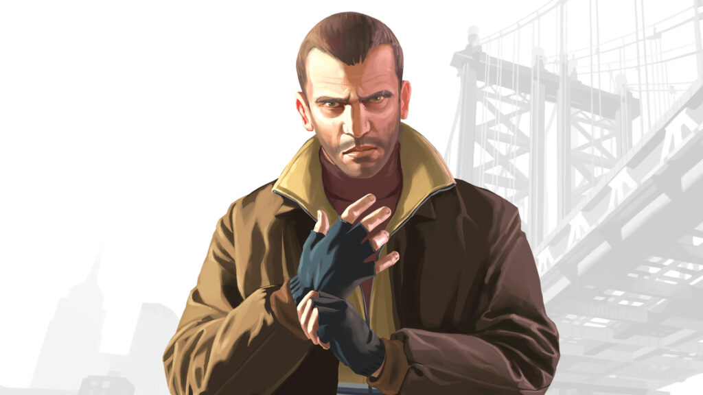 Niko Bellic z Grand Theft Auto IV před mostem v Liberty City