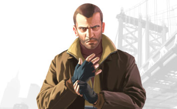 Niko Bellic z Grand Theft Auto IV před mostem v Liberty City
